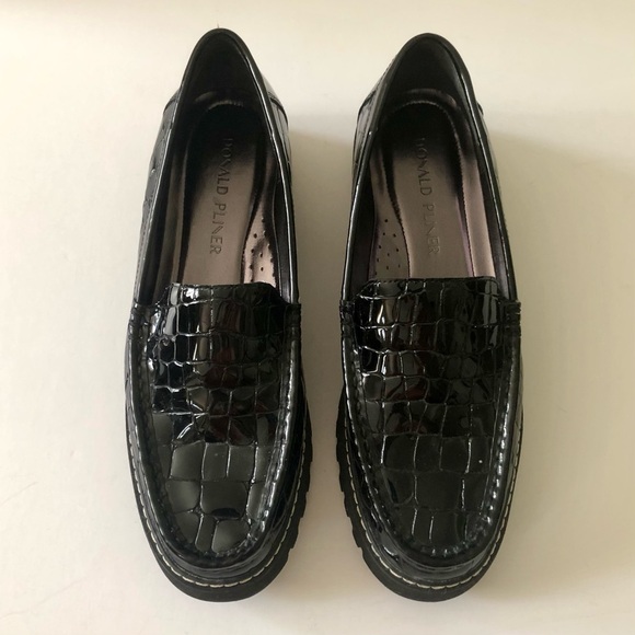 Donald Pliner Hope Loafers Black Patent Leather Croc Embossed Platform Size 8 - Picture 3 of 10